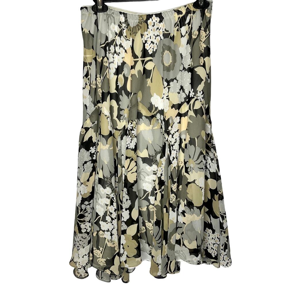 Bob Mackie‎ Floral A-Line Soft Flowy Knee Length Gray Yellow Skirt Medium